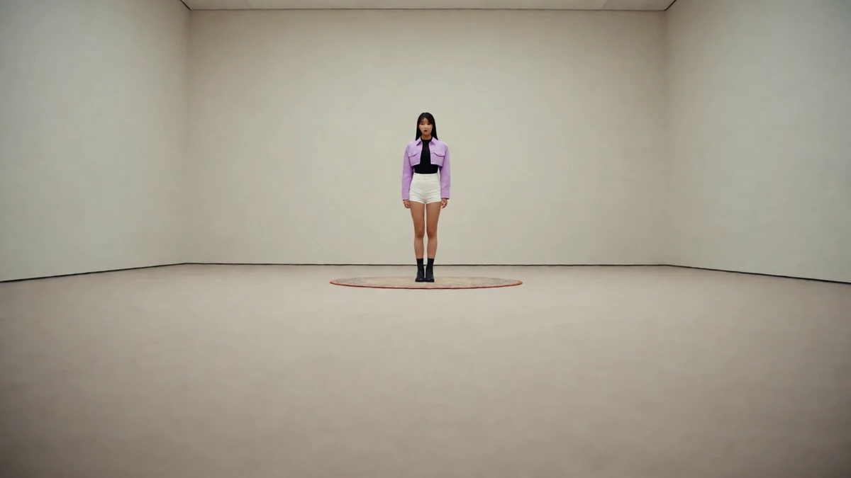 成年女性身穿紫色上衣与短裙，站在明亮房间内