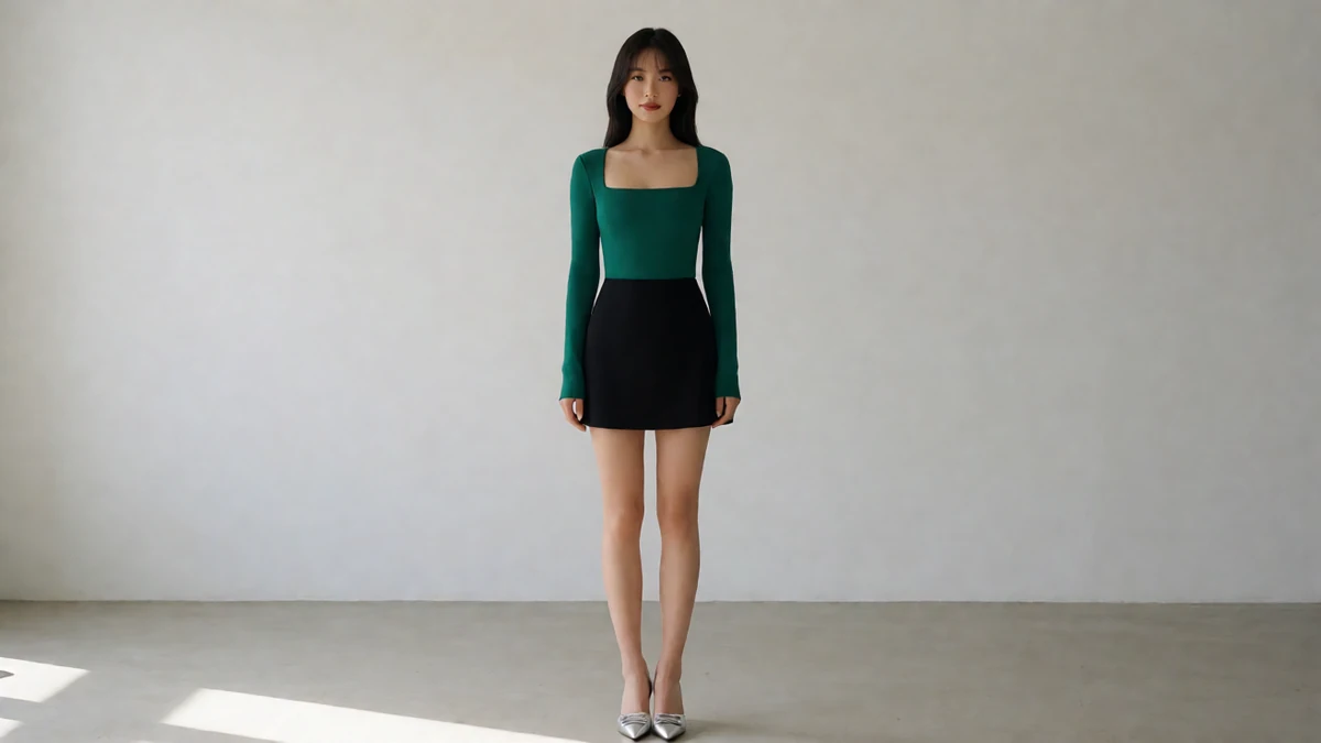 成年女性身穿绿色上衣与黑色短裙，站在浅色室内布景前